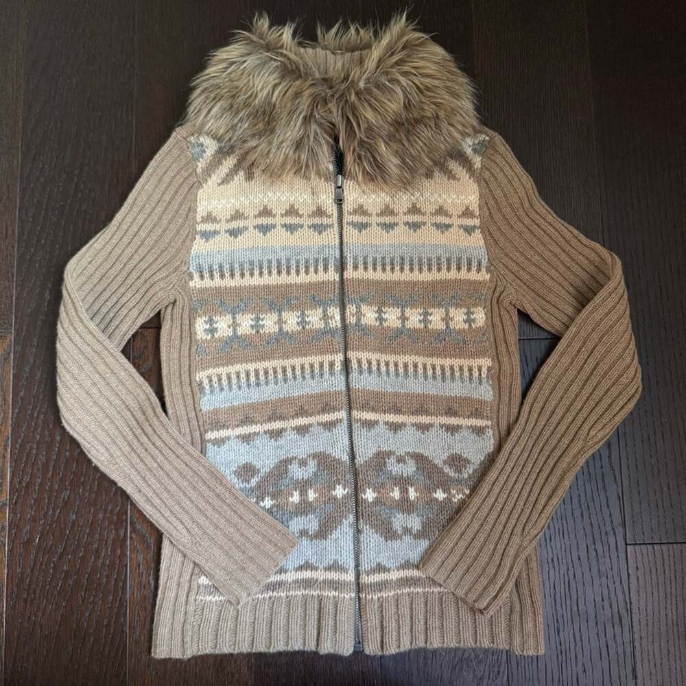 Lauren Ralph Lauren Fair Isle Cable Knit Fur Collar Zip-Up Sweater Jacket